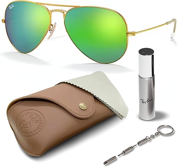 Classic Aviator Shape Sunglasses With Eyewear Kit Bundle Gold Frame Green Flash Lens