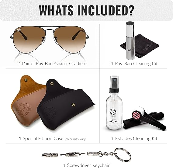 Classic Aviator Shape Sunglasses With Eyewear Kit Bundle Polished Black Frame  Brown Lens