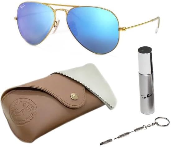 Classic Aviator Shape Sunglasses With Eyewear Kit Bundle Gold Frame Blue Flash Lens