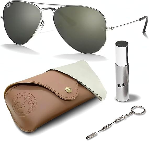 Classic Aviator Shape Sunglasses With Eyewear Kit Bundle Polished Silver Frame Polarized Grey Lens