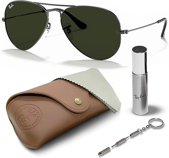 Classic Aviator Shape Sunglasses With Eyewear Kit Bundle  Polished Gunmetal Frame Green Lens