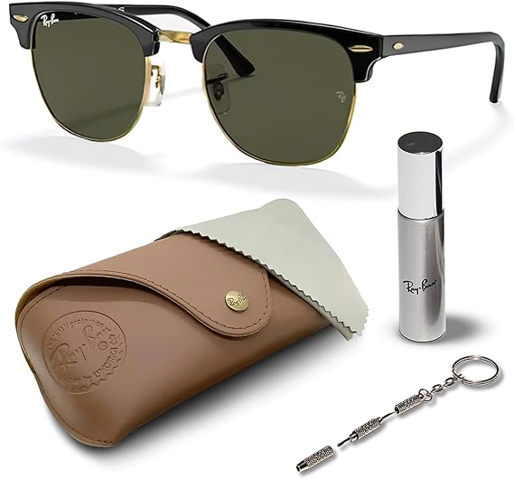 Clubmaster Classic Square Shape Sunglasses With Eyewear Kit Bundle  Green Lens