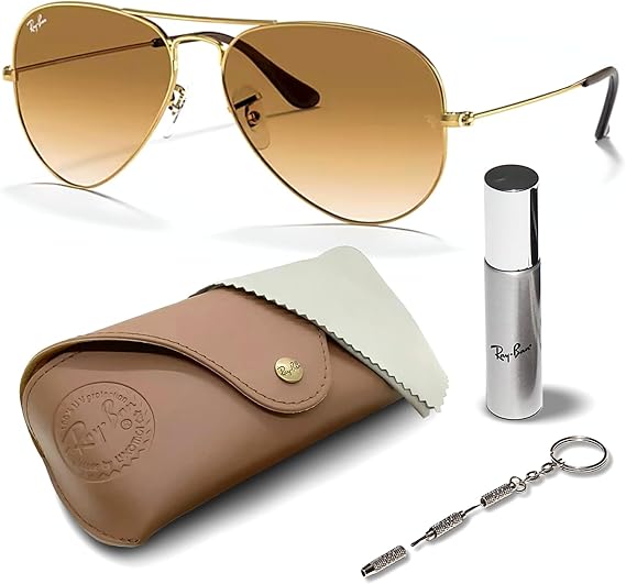 Classic Aviator Shape Sunglasses With Eyewear Kit Bundle Arista Gold Frame Light Brown Lens