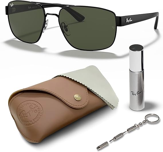 Square Shape Sunglasses With Eyewear Kit Bundle Polished Black Frame Green Lens
