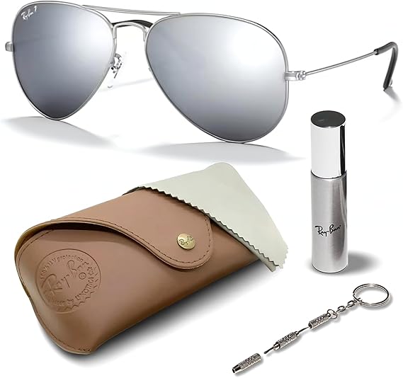 Classic Aviator Shape Sunglasses With Eyewear Kit Bundle  Silver Frame Polarized Grey Lens
