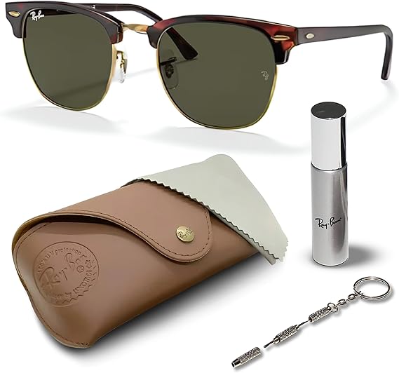Clubmaster Classic Square Shape Sunglasses With Eyewear Kit Bundle Gold Frame Green Lens