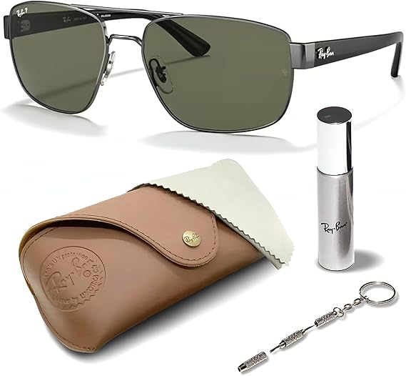 Square Shape Sunglasses With Eyewear Kit Bundle Polished Gunmetal Frame Polarized G-15 Green Lens
