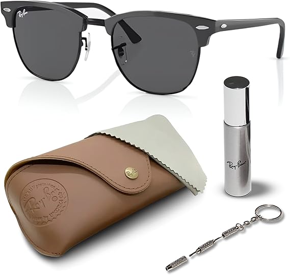 Clubmaster Classic Square Shape Sunglasses With Eyewear Kit Bundle Black Frame  Dark Grey Lens