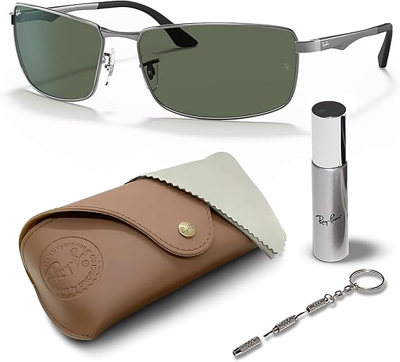 Rectangle Sunglasses With Eyewear Kit Bundle Polished Gunmetal Frame Green Lens