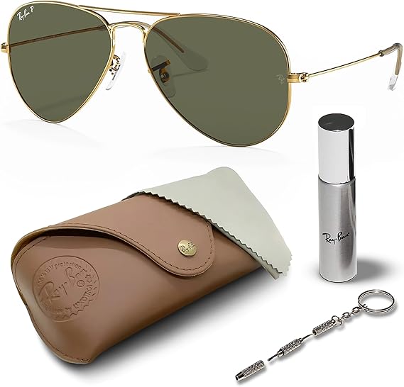 Classic Aviator Shape Sunglasses With Eyewear Kit Bundle Gold Frame Polarized Green Lens