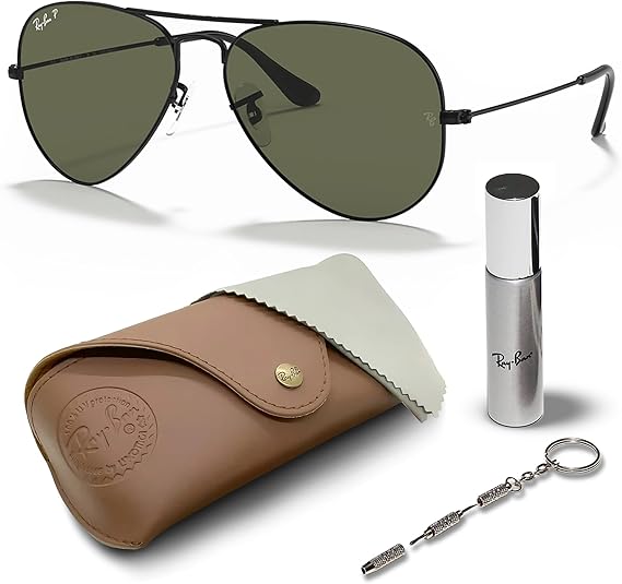 Classic Aviator Shape Sunglasses With Eyewear Kit Bundle Black Frame  Polarized Green Lens