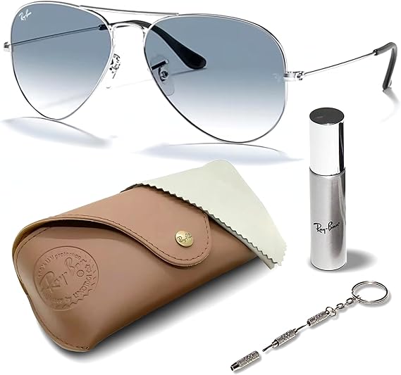 Classic Aviator Shape Sunglasses With Eyewear Kit Bundle Silver Frame Light Blue Gradient Lens
