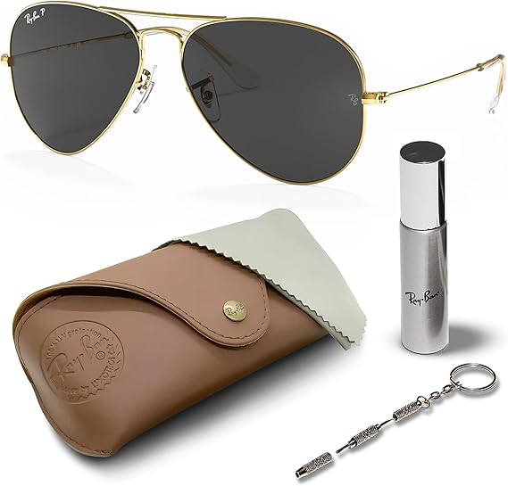 Classic Aviator Shape Sunglasses With Eyewear Kit Bundle Gold Frame  Polarized Black Lens