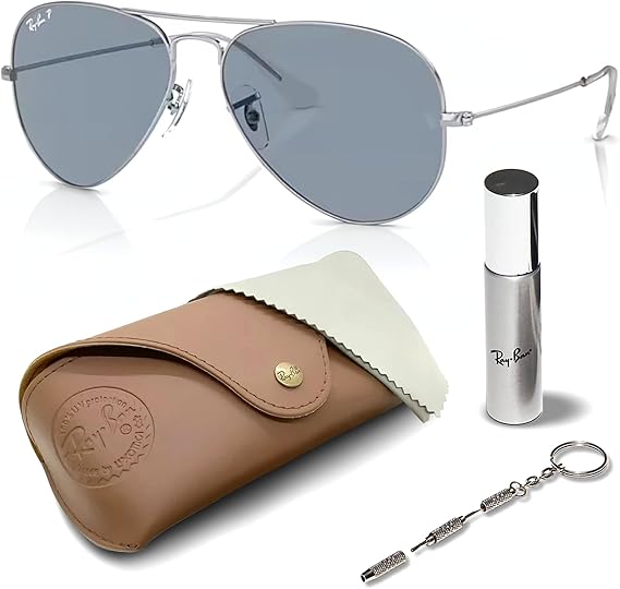 Classic Aviator Shape Sunglasses With Eyewear Kit Bundle  Silver Frame Polarized Blue Lens
