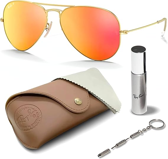 Classic Aviator Shape Sunglasses With Eyewear Kit Bundle  Gold Frame Polarized Orange Flash Lens