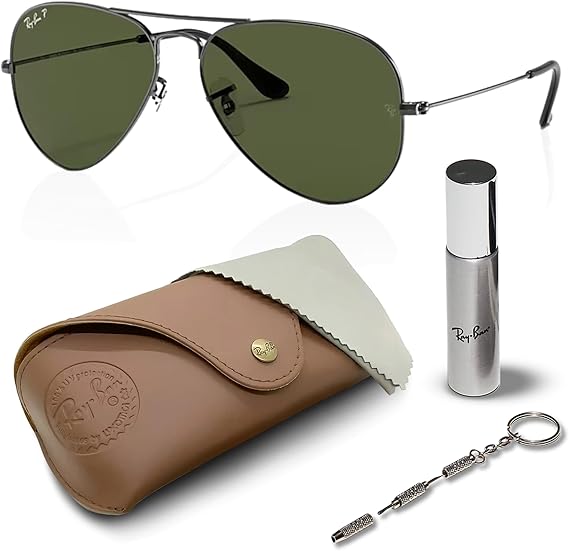 Aviator Shape Sunglasses With Eyewear Kit Bundle Gunmetal Frame Polarized Green Lens
