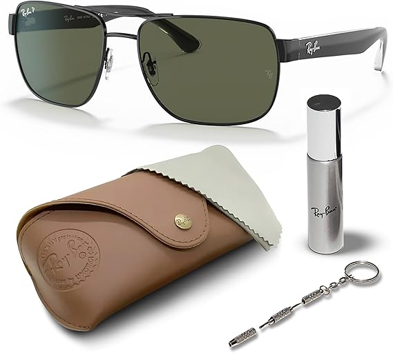 Square Shape Sunglasses With Eyewear Kit Bundle - Adjustable Nose Pads -   Polarized Green Lens