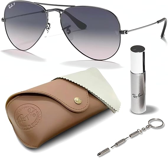 Classic Aviator Shape Sunglasses With Eyewear Kit Bundle Gunmetal Frame Polarized Blue Grey Lens