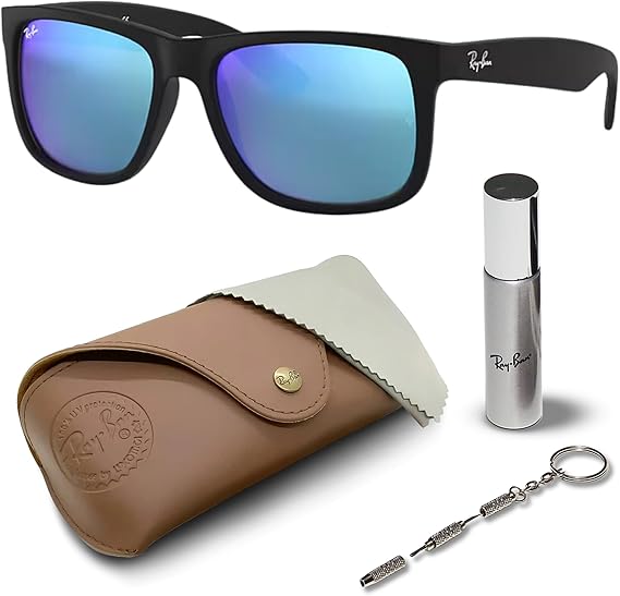 Color Mix Square Shape Sunglasses With Eyewear Kit Bundle Black Frame  Blue Mirror Lens