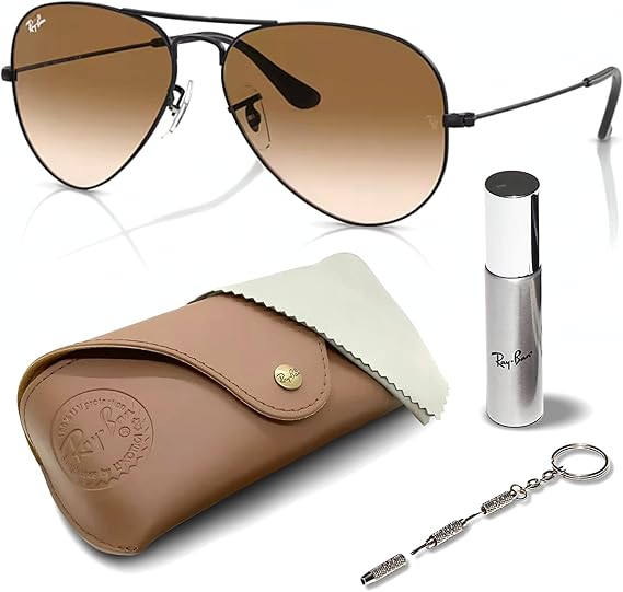 Classic Aviator Shape Sunglasses With Eyewear Kit Bundle Polished Black Frame  Brown Lens