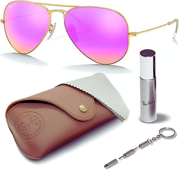 Classic Aviator Shape Sunglasses With Eyewear Kit Bundle Gold Frame Polarized Cyclamen Flash Lens