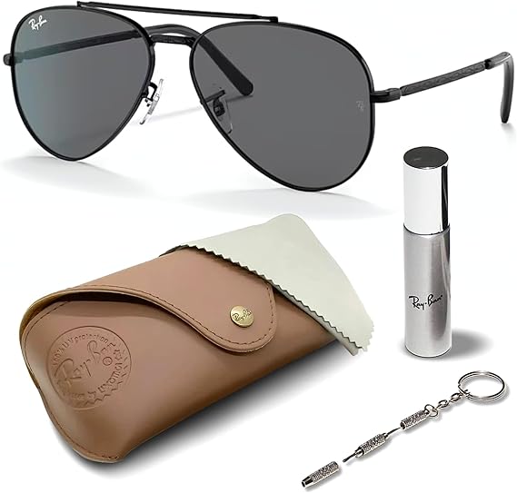 Aviator Pilot Sunglasses With Eyewear Kit Bundle  Polished Black Frame  Dark Grey Lens