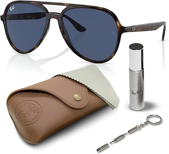 Pilot Shape Sunglasses for Men and Women With Eyewear Kit Bundle - Classic Sun Glasses Polished Havana Frame  Dark Blue Lens