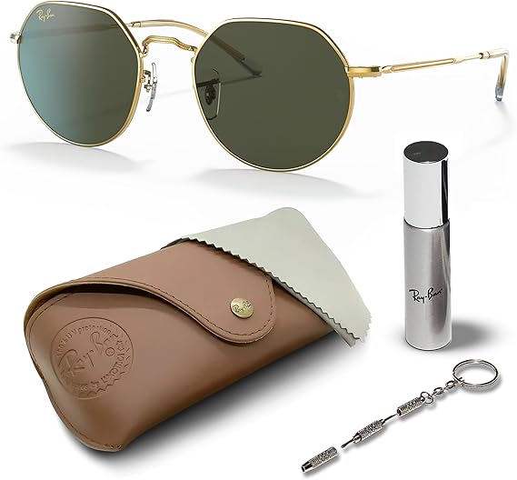 Round Shape Sunglasses With Eyewear Kit Bundle  Polished Gold Frame  Green Lens