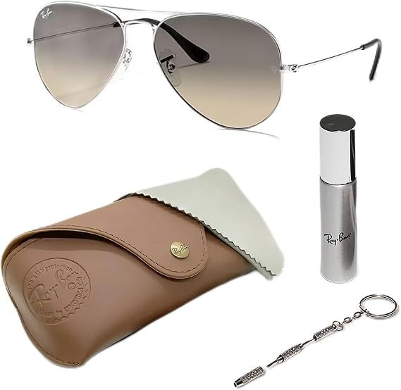 Classic Aviator Shape Sunglasses With Eyewear Kit Bundle Silver Frame Grey Gradient Lens