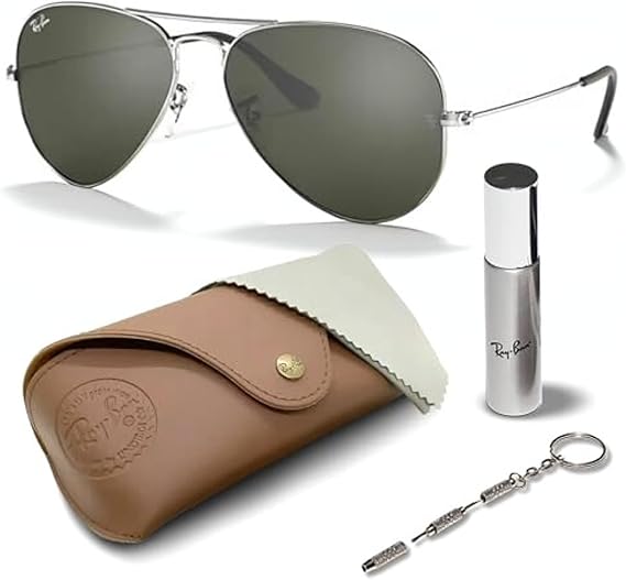 Classic Aviator Shape Sunglasses With Eyewear Kit Bundle  Polished Silver Frame Grey Lens