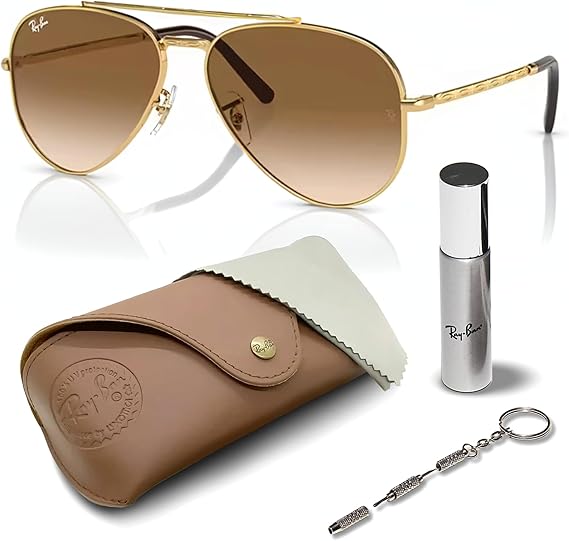 Aviator Pilot Sunglasses With Eyewear Kit Bundle Gold Frame Light Brown Lens