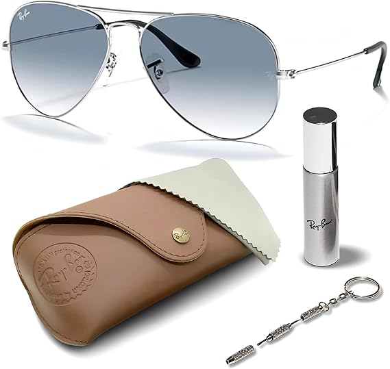 Classic Aviator Shape Sunglasses With Eyewear Kit Bundle Silver Frame Light Blue Grdient Lens