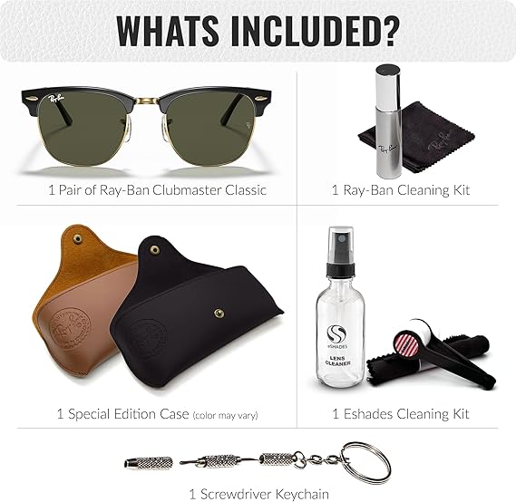 Clubmaster Classic Square Shape Sunglasses With Eyewear Kit Bundle  Green Lens