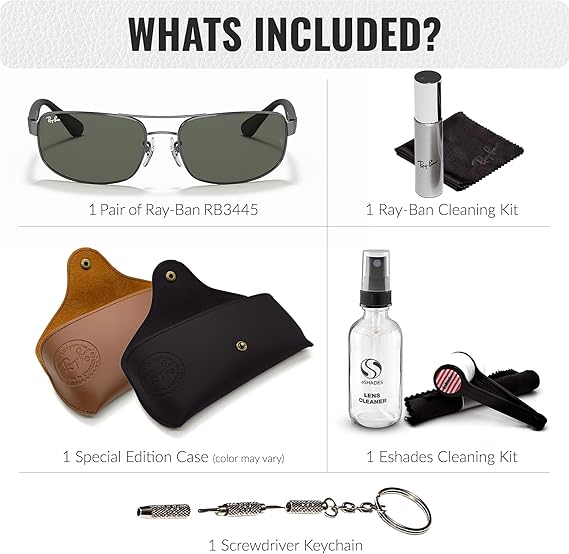 Rectangle Sunglasses With Eyewear Kit Bundle Polished Gunmetal Frame  Green Classic G-15 Lens