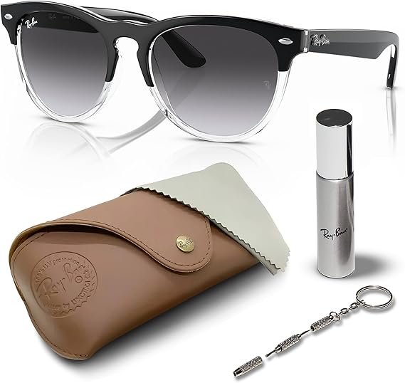 Square Shape Sunglasses With Eyewear Kit Bundle - High Bridge Fit - Casual Wear Square Sunglasses Polished Black on Transparent Frame  Grey Lens