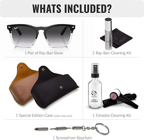 Square Shape Sunglasses With Eyewear Kit Bundle - High Bridge Fit - Casual Wear Square Sunglasses Polished Black on Transparent Frame  Grey Lens