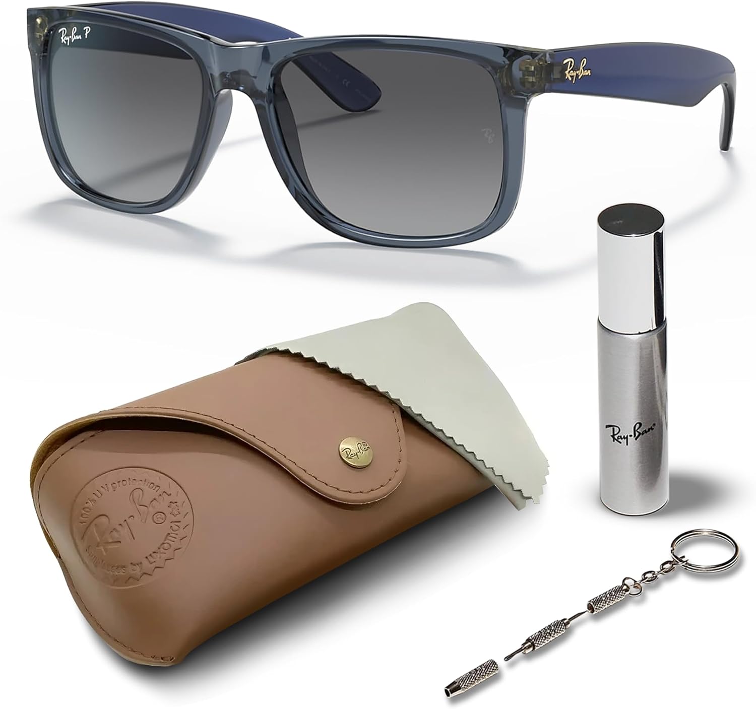 Classic Square Shape Sunglasses With Eyewear Kit Bundle Polished Transparent Blue Frame Polarized Grey Lens