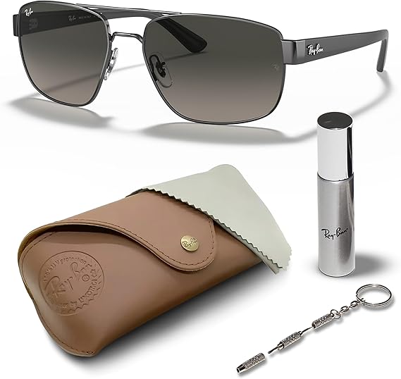 Square Shape Sunglasses With Eyewear Kit Bundle Polished Gunmetal Frame  Grey Gradient Lens