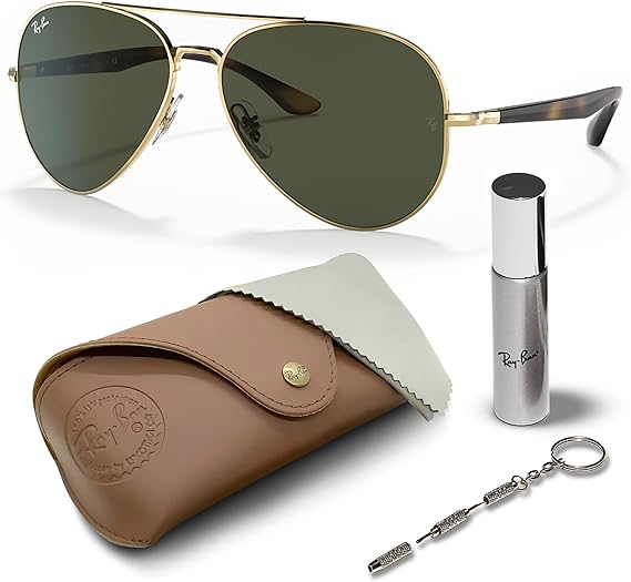 Aviator Shape Sunglasses With Eyewear Kit BundleGold Frame Green Lens
