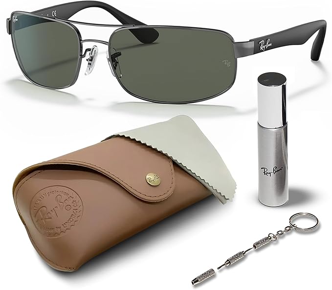 Rectangle Sunglasses With Eyewear Kit Bundle Polished Gunmetal Frame  Green Classic G-15 Lens